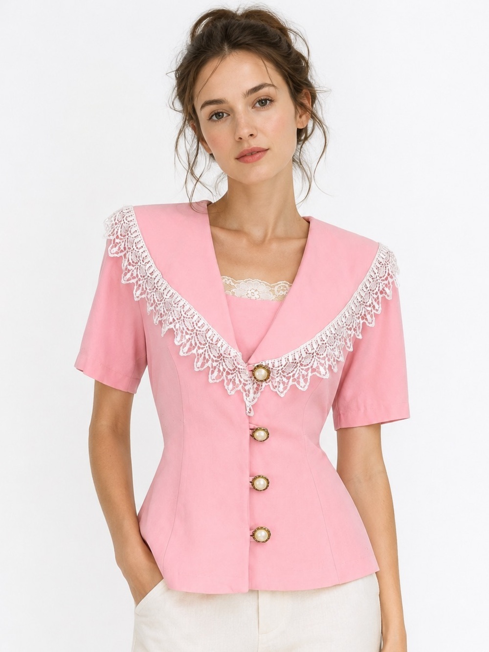 Vintage 90s Pink Sailor Collar Blouse Pearl Buttons Lace Trim Women’s Size 8?